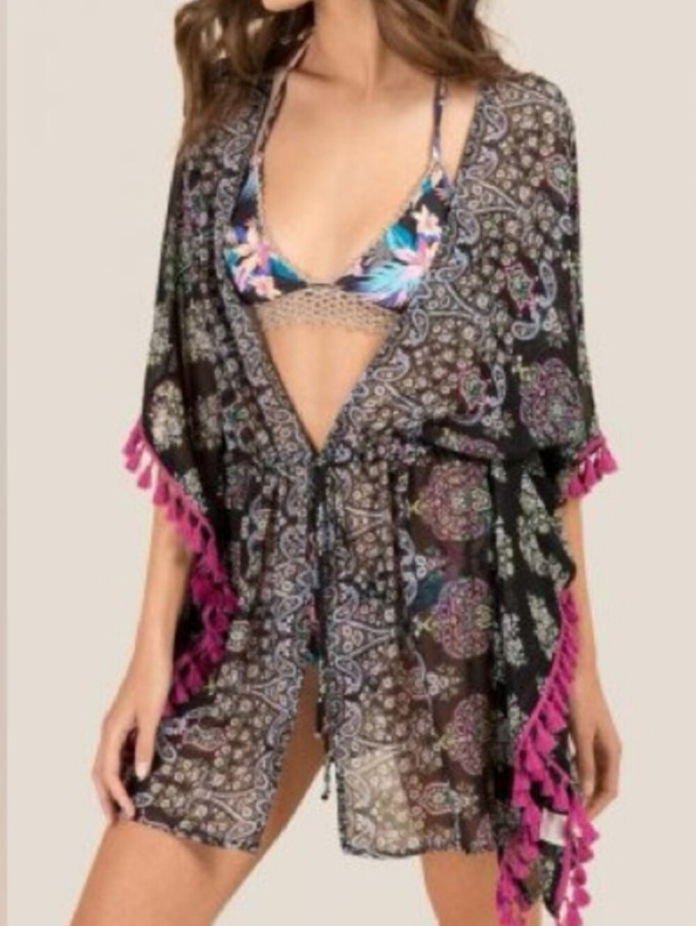 Francesca's Kimono Cover Up Womens Size Small Black Paisley Floral Pink Tassels